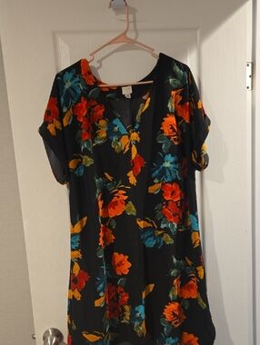 Blue Floral V-Neck Dress with Bright Orange & Teal Blooms